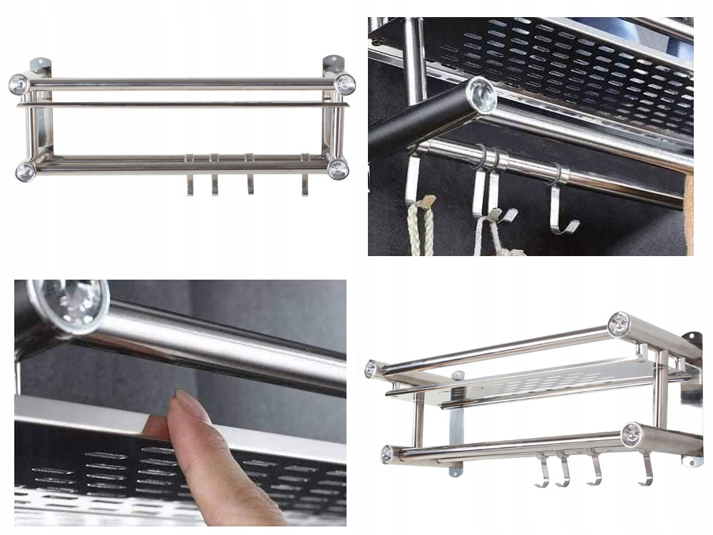 Ράφι Οργανωτής για Μπάνιο και Ντους, από Ανοξείδωτο Χάλυβα, με Κρεμάστρες και Ράγες για Πετσέτες