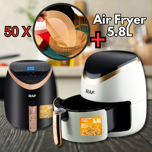 Προσφορά: Air Fryer Deluxe Χωρητικότητας 5.8L, 1500W, Κυκλοφορία Αέρα 360°, Οθόνη Αφής + Σετ 50 Χαρτιών Ψησίματος για το AirFryer