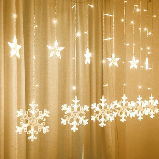 Χριστουγεννιάτικη εγκατάσταση, 10 ειδώλια, κουρτίνα με νιφάδες και αστέρια, ζεστό φως, 4μ