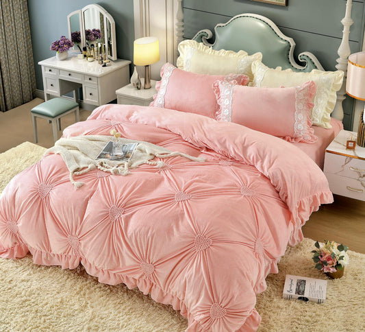 Βελούδινα κλινοσκεπάσματα, με κέντημα καρδιά, 4 τεμάχια, 2 άτομα, J13