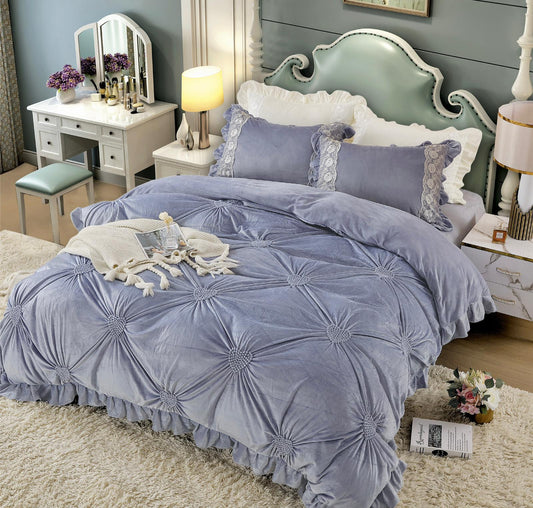 Βελούδινα κλινοσκεπάσματα, με κέντημα καρδιά, 4 τεμάχια, 2 άτομα, J08