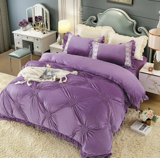 Βελούδινα κλινοσκεπάσματα, με κέντημα καρδιά, 4 τεμάχια, 2 άτομα, J03