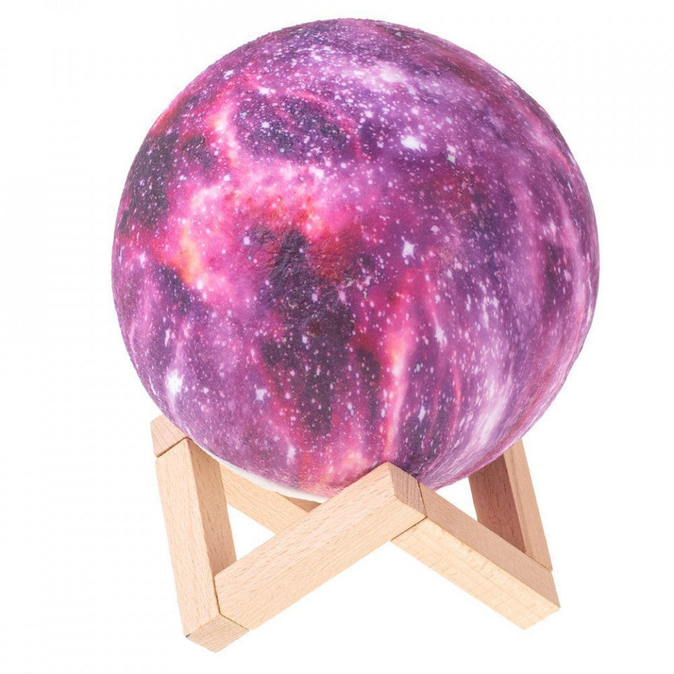 Λάμπα Galaxy 3D Luna με 16 χρώματα LED, τηλεχειριστήριο και ξύλινη βάση