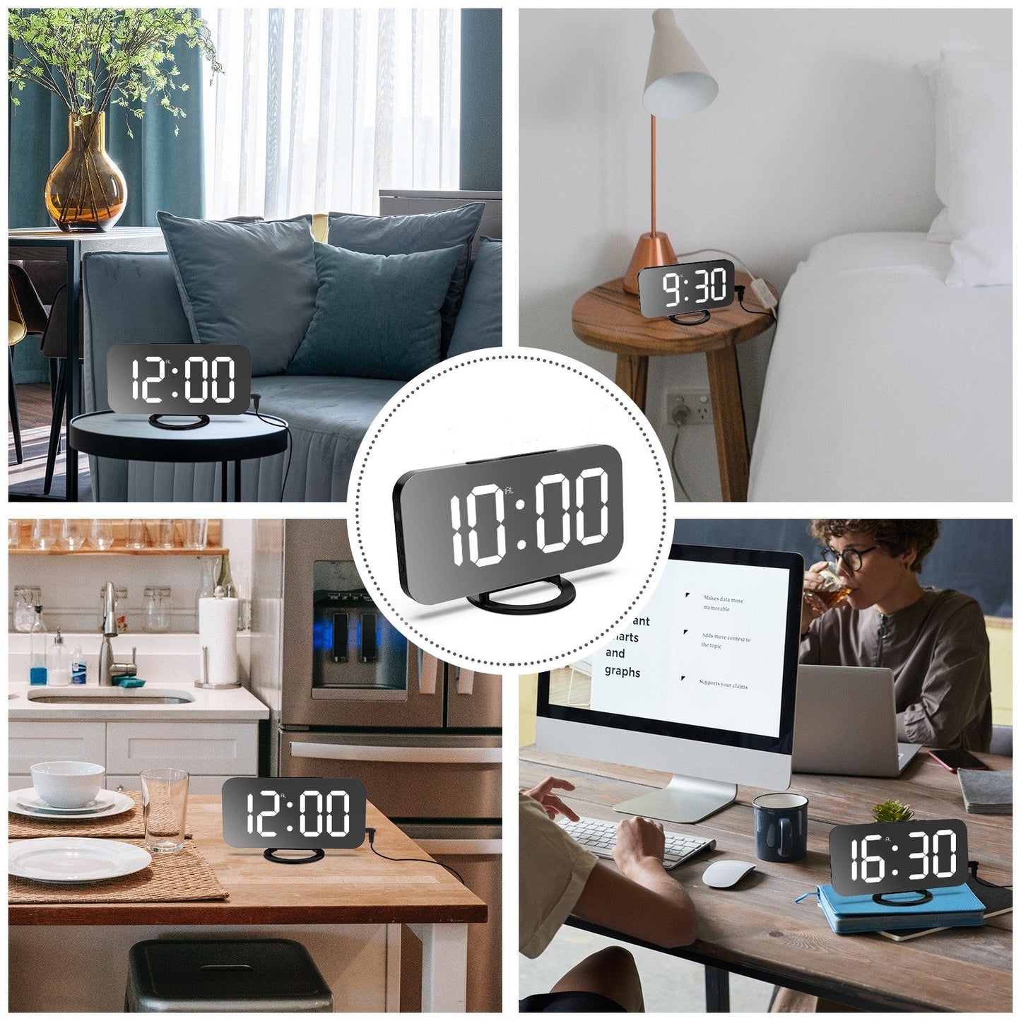 Ηλεκτρονικό ρολόι με καθρέφτη και ξυπνητήρι, φόρτιση USB, λευκό