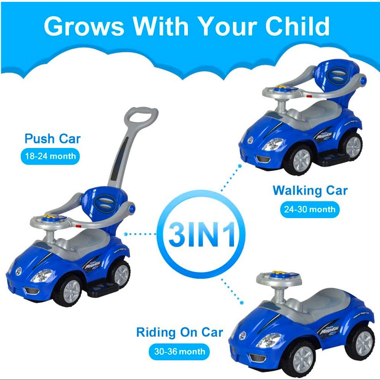 Φανταστικό 3 σε 1 Παιδικό Ηλεκτρικό Αυτοκίνητο με Αφαιρούμενη Χειρολαβή