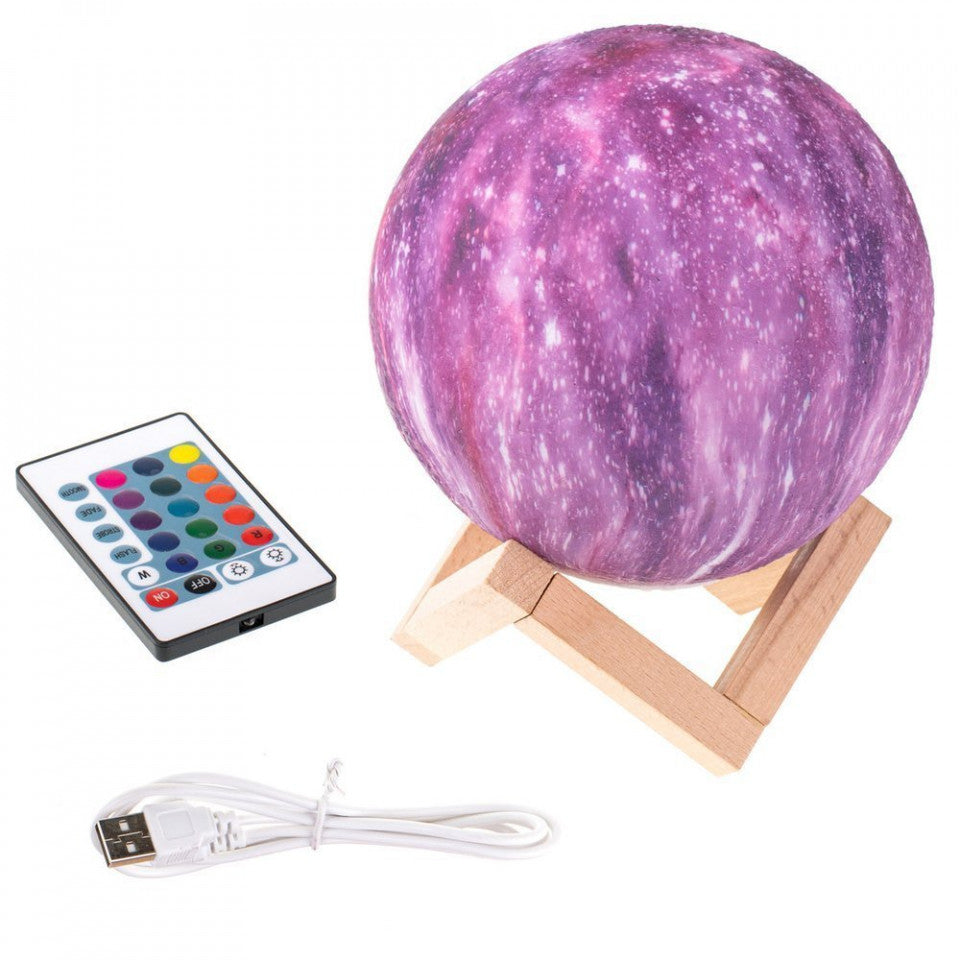Λάμπα Galaxy 3D Luna με 16 χρώματα LED, τηλεχειριστήριο και ξύλινη βάση
