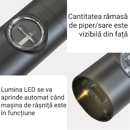 Ηλεκτρικός μύλος πιπεριάς, ABS, Ένδειξη LED, Φόρτιση USB, 70ml, Μαύρο