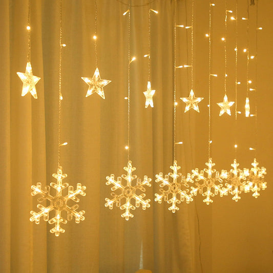 Χριστουγεννιάτικη εγκατάσταση, 10 ειδώλια, κουρτίνα με νιφάδες και αστέρια, ζεστό φως, 4μ